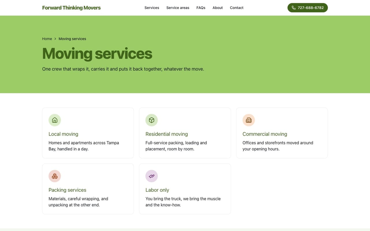 The Forward Thinking Movers services page